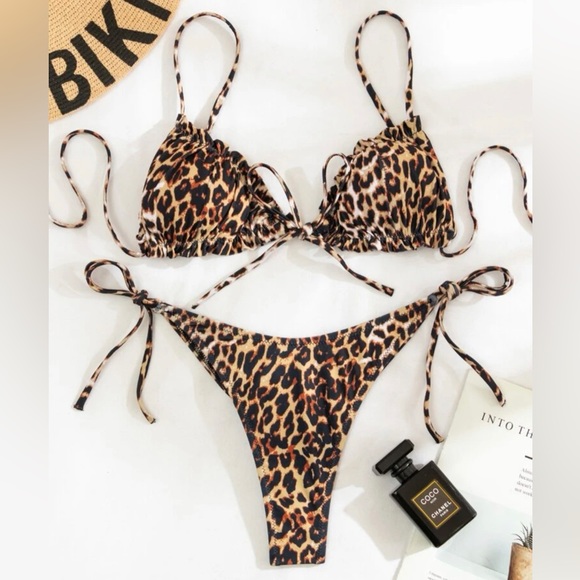 NWT Leopard Print Frill Trim Top & Side Tie Bottom Bikini Swimsuit Set L - Picture 7 of 7